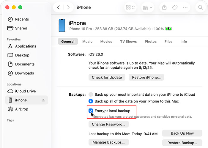 Encrypt local backup