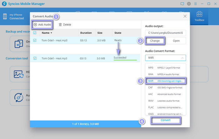 Choose M4R as output format in Syncios