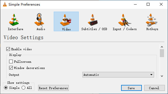 Change video output module in VLC