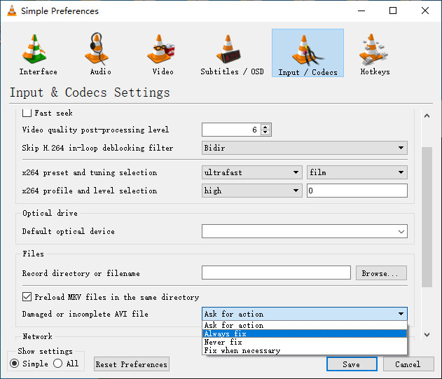 Use VLC to fix corrupted AVI file