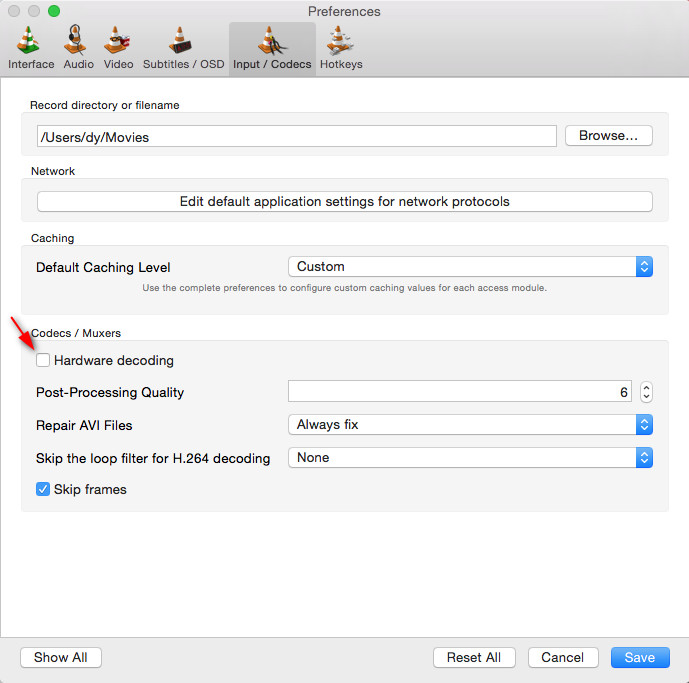 Disable hardware decoding in VLC