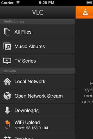Turn on WiFi Upload on VLC for iPhone