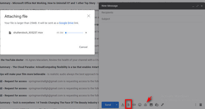 Attach the Large Video via Google Drive