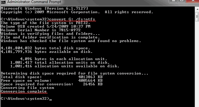 convert fat32 to NTFS with command line