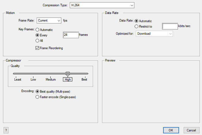 Choose H264 or HEVC as compression style