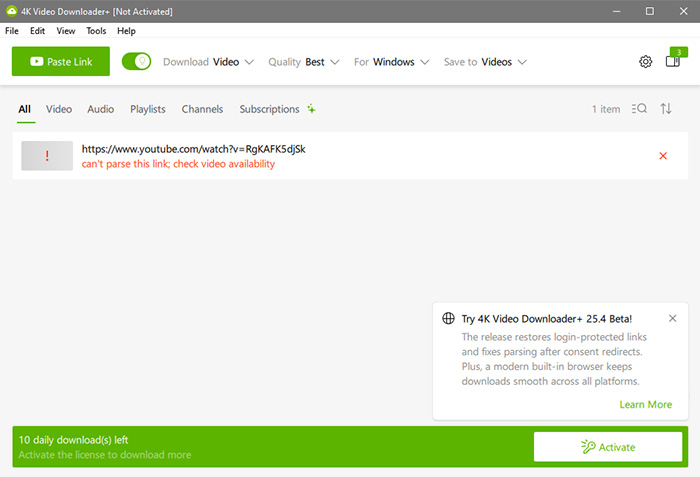 4k video downloader can't parse this link check video availability