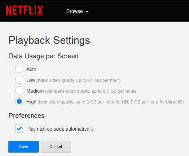 Change Netflix playback settings to High