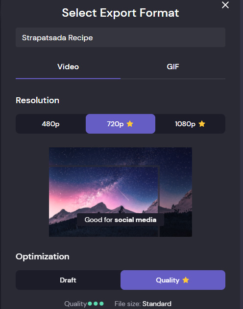 Clipchamp export interface