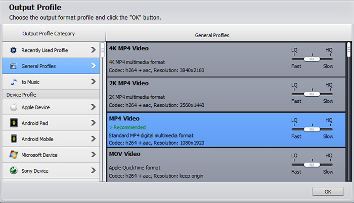 Select output format