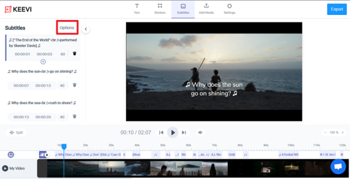 keevi subtitles options