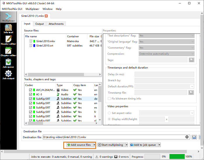 Add video and subtitle files to MKVToolNix