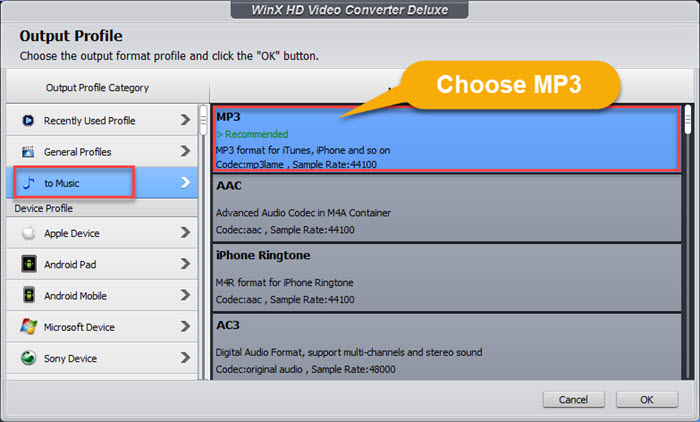 Choose MP3 as Output Format