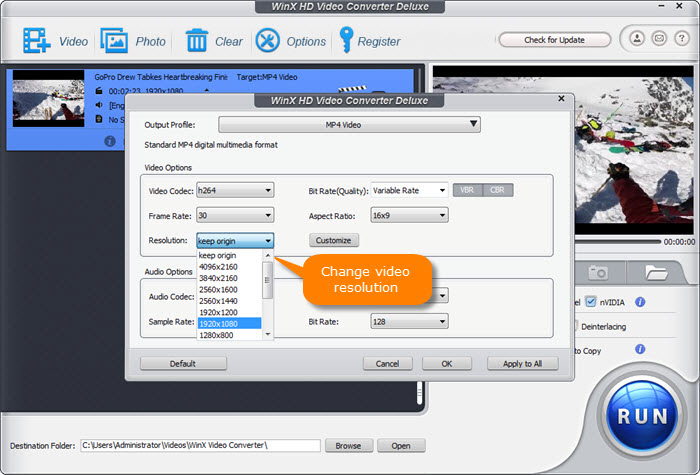 choose 1280x720 resolution