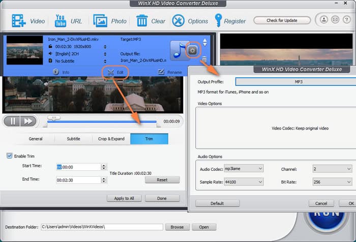 Set audio bitrate, sample rate, and cut