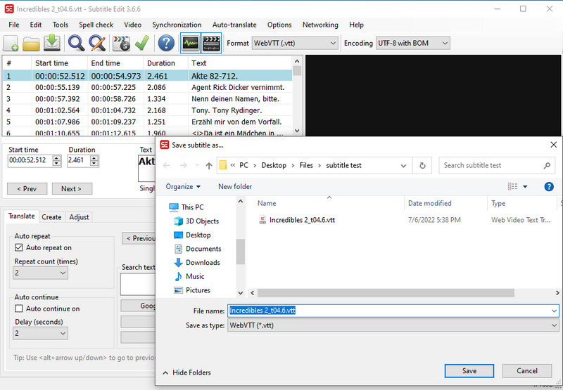 convert srt to vtt with Subtitle Edit