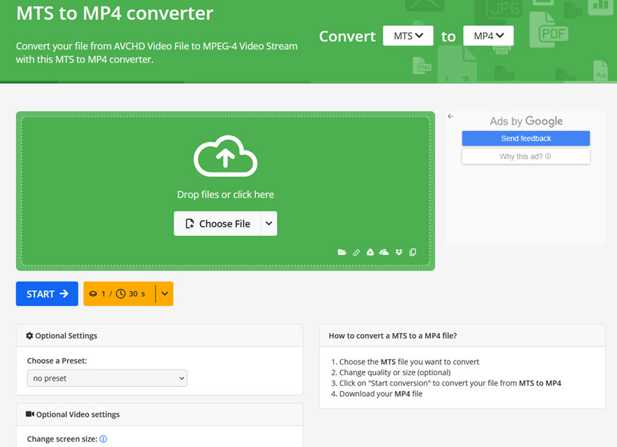 インストール不要のMTS MP4変換オンラインサイト:Online-Convert